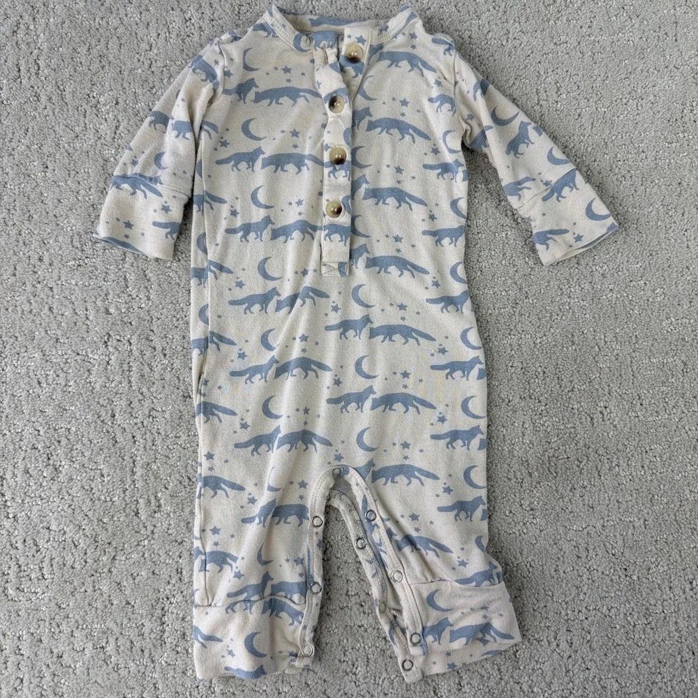 Kate Quinn Bamboo Fox Moon Romper Kids 0-3M Cream Blue Long Sleeve Snaps 12612
